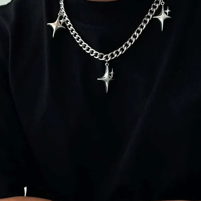 Silver Star Pendant Necklace Gothic Hip Hop Cuban Chain Y2K Jewelry Trendy