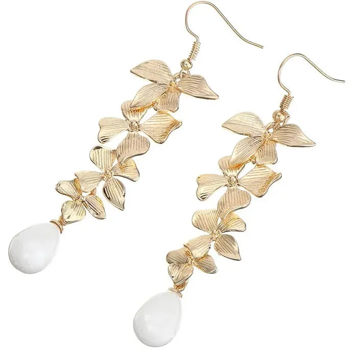 Leaves Flower Tassel Imitation Pearl Pendant Earrings Bridal Wedding Jewelry