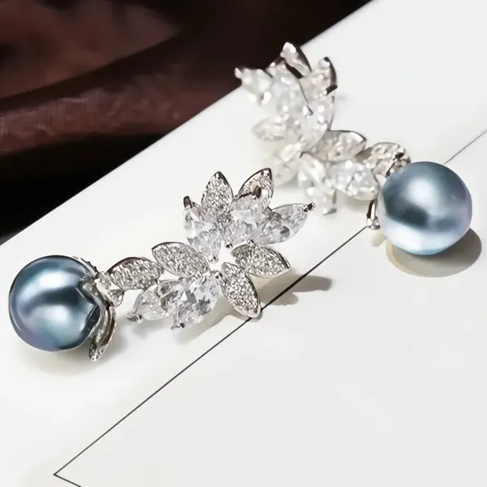 Multi-Colored Imitation Pearl Leaf Dangle Earrings with CZ Brass Alloy