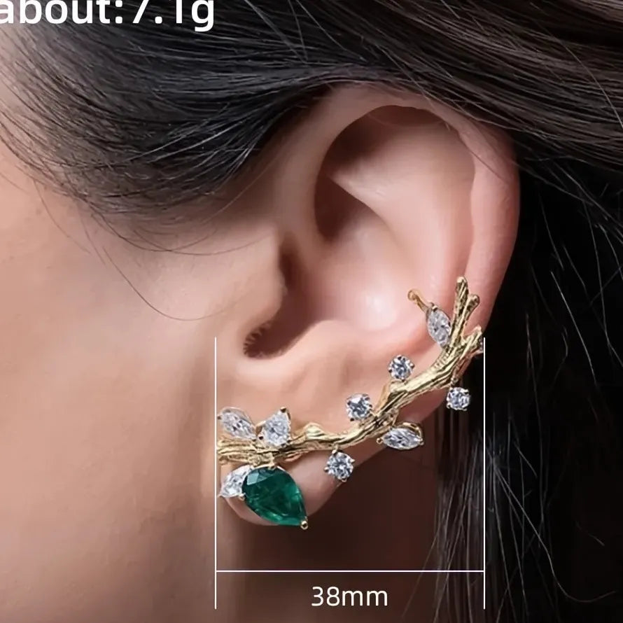 2022 Green White CZ Cubic Zirconia Branch Clip Earrings Copper Alloy