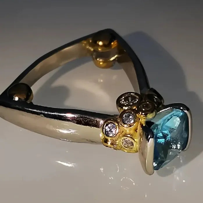 Geometric Brass Ring with Light Blue Cubic Zirconia for Women Party Jewelry