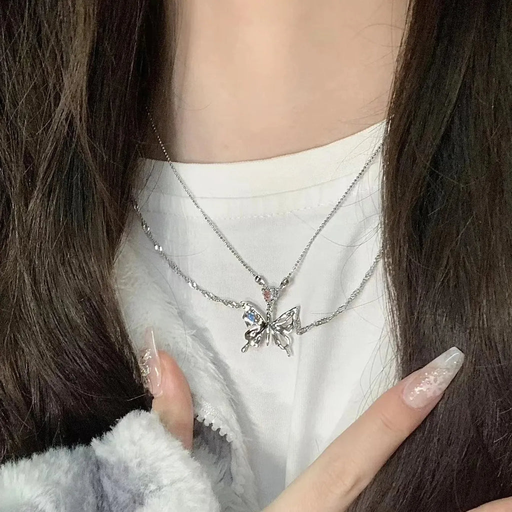 Vintage Y2K Butterfly Pendant Necklace Zinc Alloy Double Chain for Women