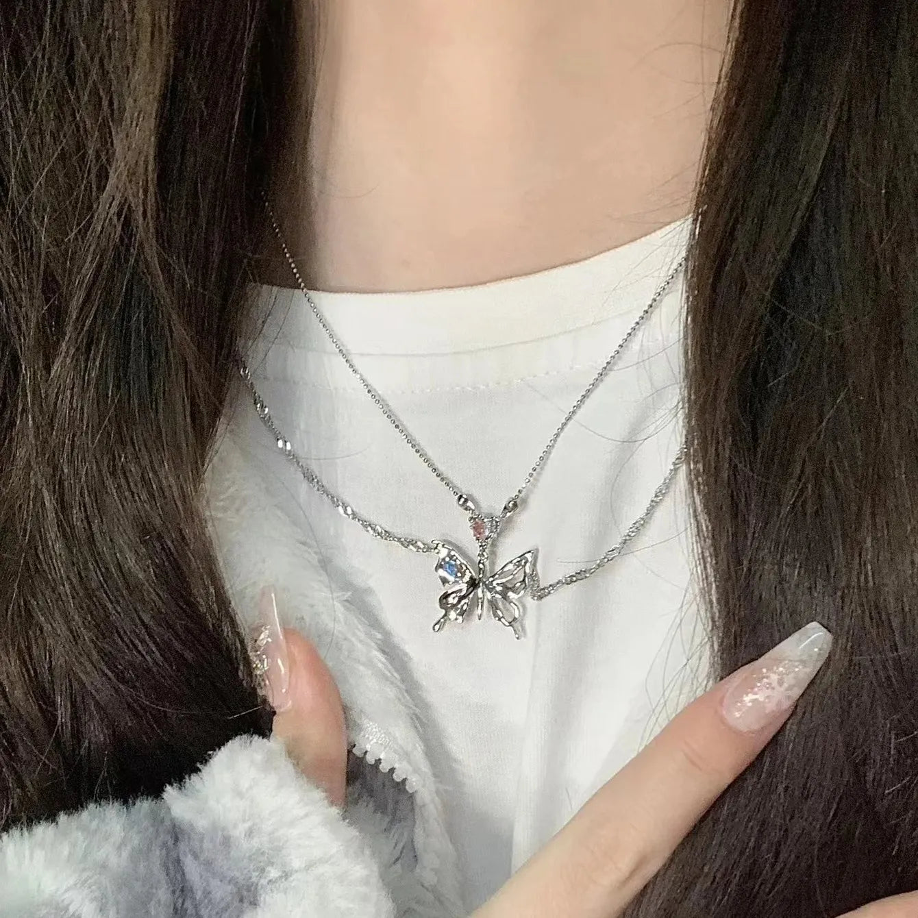 Vintage Y2K Butterfly Pendant Necklace Zinc Alloy Double Chain for Women