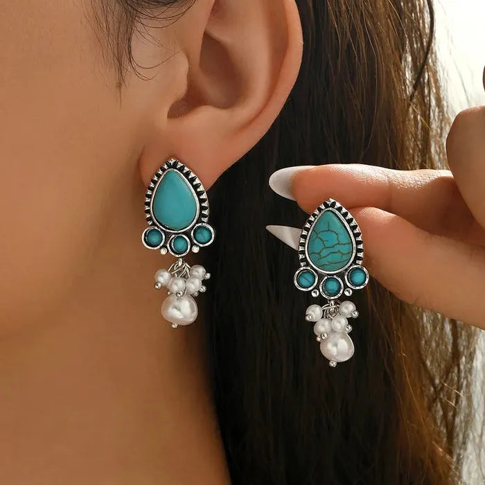 Bohemian Handmade Zinc Alloy Pearl Turquoise Pendant Drop Earrings for Women
