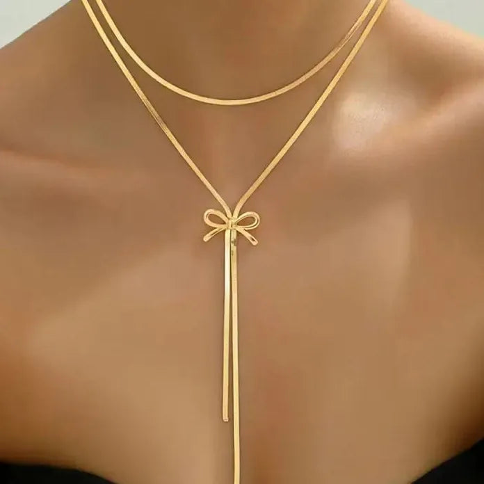 French Style Retro Minimalist Bow Necklace for Women Stainless Steel Pendant Jewelry