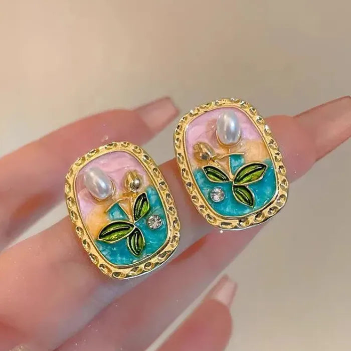 Vintage Pearl Zinc Alloy Oval Stud Earrings with Rectangular Garden Design