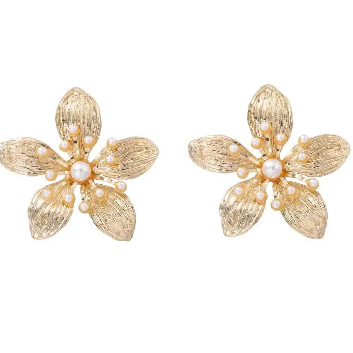 Vintage Texture Large Flower Pearl Drop Earrings for Women Jewelry Gift