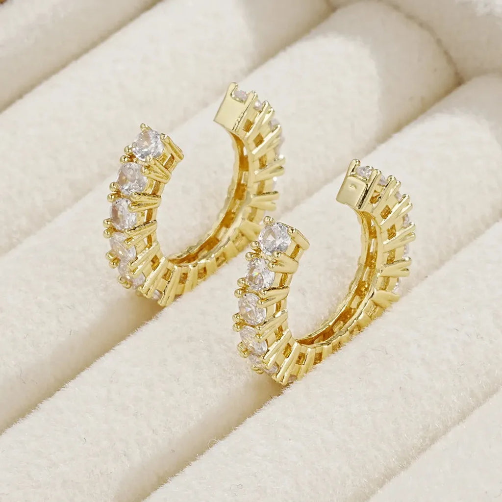 2Pcs Zinc Alloy Full Rhinestone Geometric C Shape Clip Earrings Women