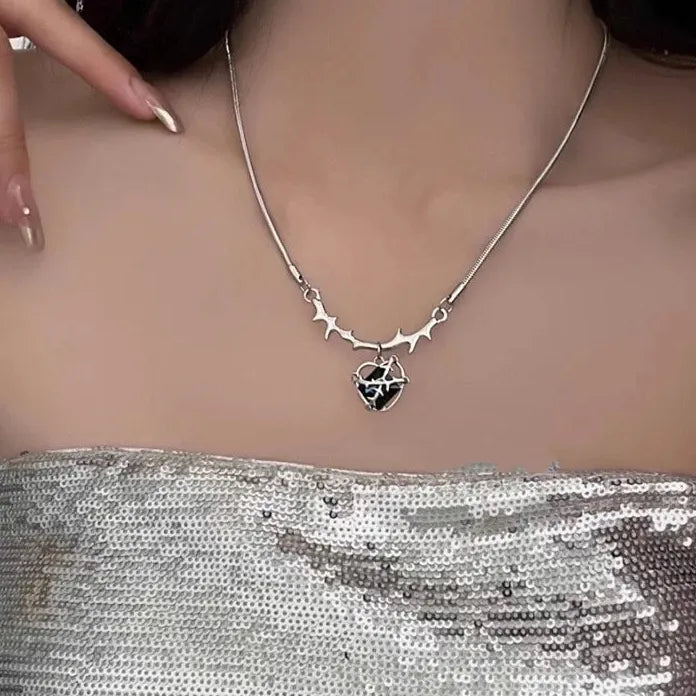Heart Zircon Pendant Necklace with Irregular Chain Silver Y2K Gift