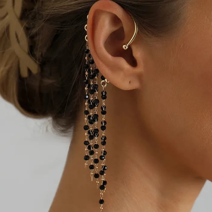 Vintage Black Crystal Tassel Zinc Alloy Clip-On Ear Hook Earrings Gift