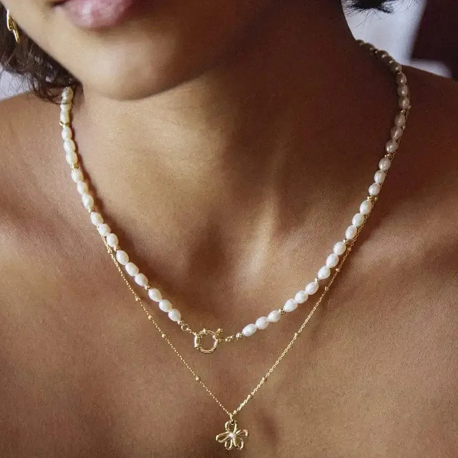Delicate Hollow Flower Pearl Necklace for Women Girls 18K Gold Choker Jewelry