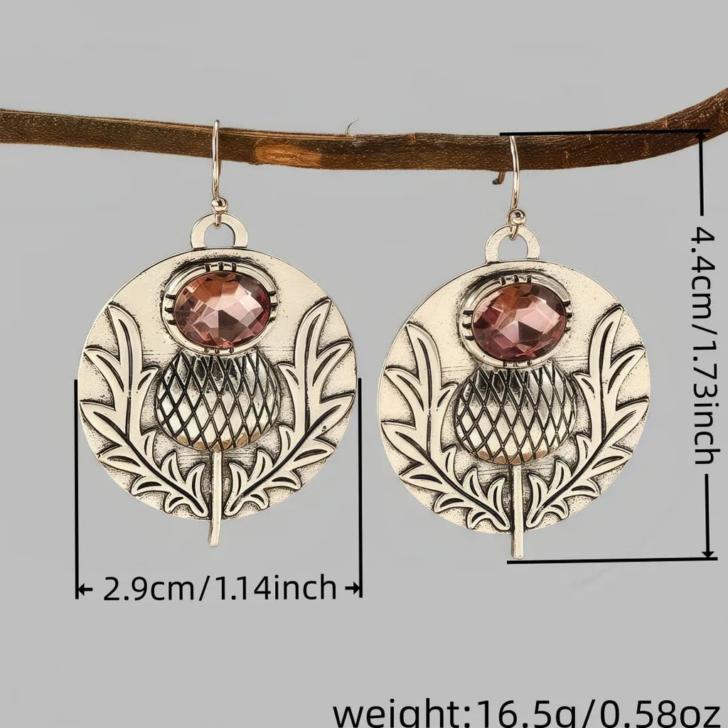 Retro Oval Cubic Zirconia Drop Earrings Silver Metal Flower Pendant Jewelry