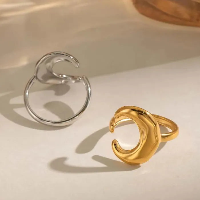 Adjustable Gold Stainless Steel Moon Shaped Ring for Women Celestial Jewelry