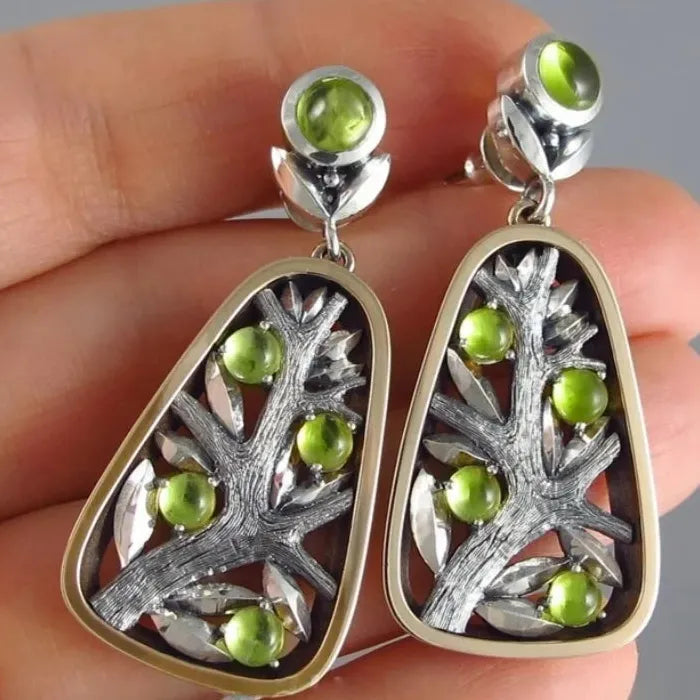 Handmade Vintage Bohemian Christmas Tree Earrings with Green Synthetic Stone Pendant