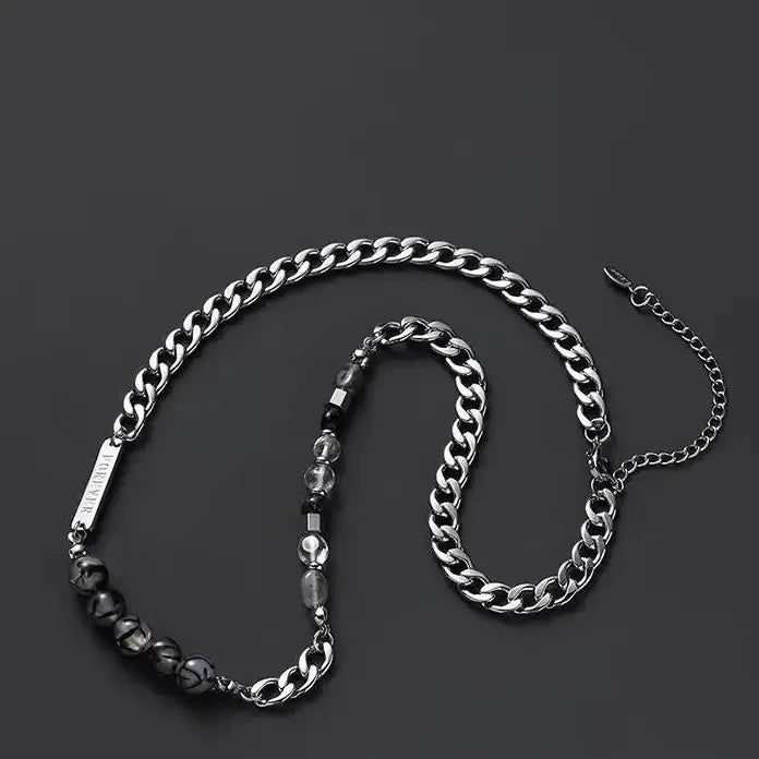 Stainless Steel Gray Glass Beaded Choker Necklace for Men Women Hiphop Jewelry Gift