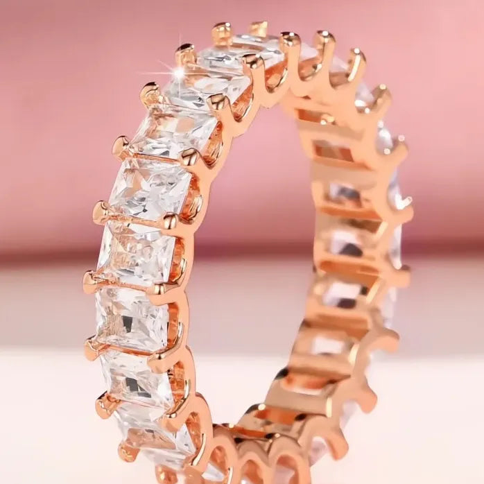 Crystal Pink CZ Geometric Promise Ring Women’s Wedding Band Brass Jewelry