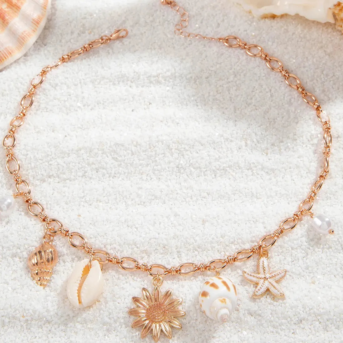 Kpop Boho Starfish Scallops Tassel Pearl Choker Necklace for Women