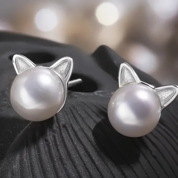Geometric Cat Ear Imitation Pearl Stud Earrings for Women Brass Jewelry