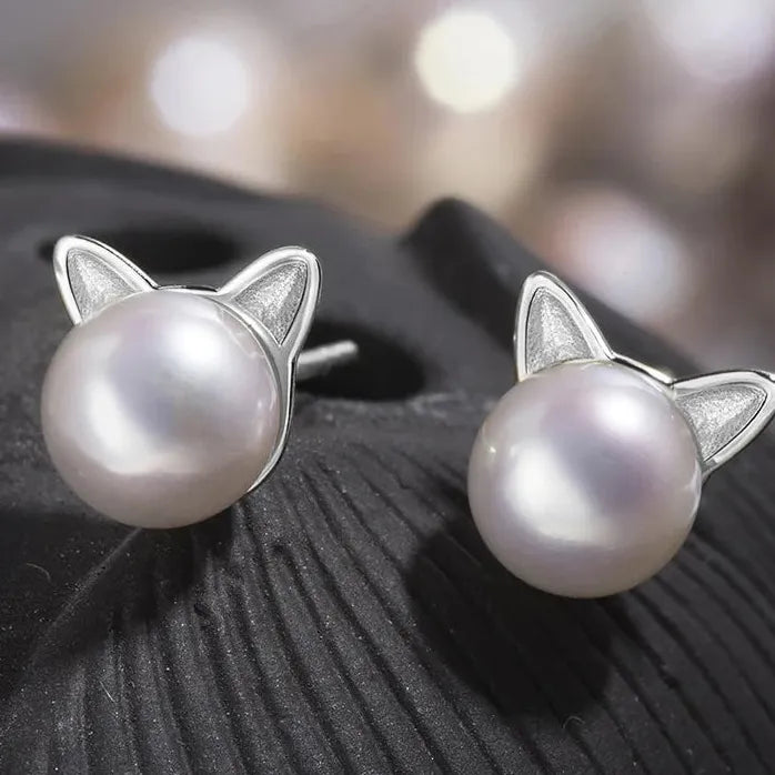 Cat Ear Pearl Stud Earrings for Women Dainty Sweet Girls Jewelry
