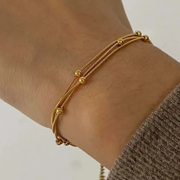 Stainless Steel Gold Beaded Round Multilayer Chain Bracelet for Women Fashion Jewelry