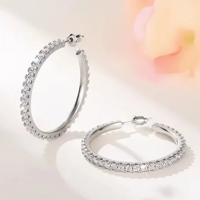 Elegant Women's Silver Geometric Hoop Earrings with Cubic Zirconia Sparkle