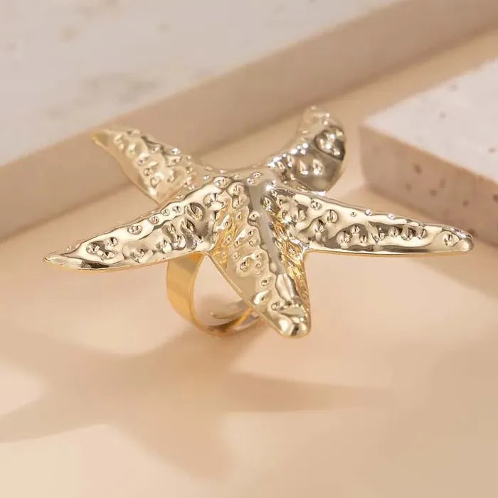 Adjustable Gold Metal Starfish Ring for Women Punk Hip Hop Jewelry Gift Accessory