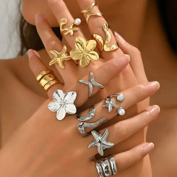 6Pcs Adjustable Vintage Pearl Flower Starfish Rings for Women Gift Set