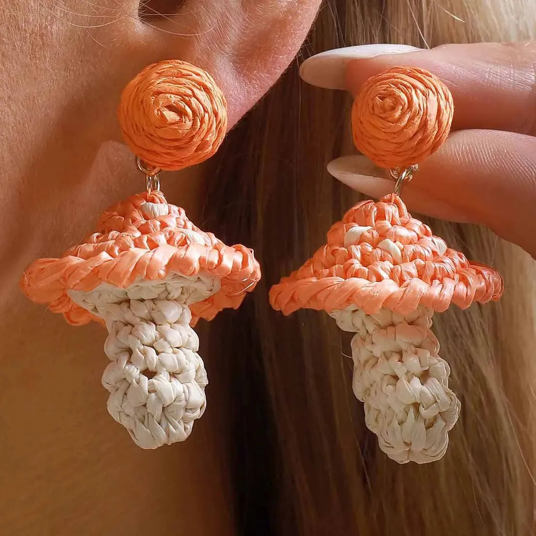 Lafite Grass Woven Mushroom Stud Earrings for Women Bohemian Summer Jewelry
