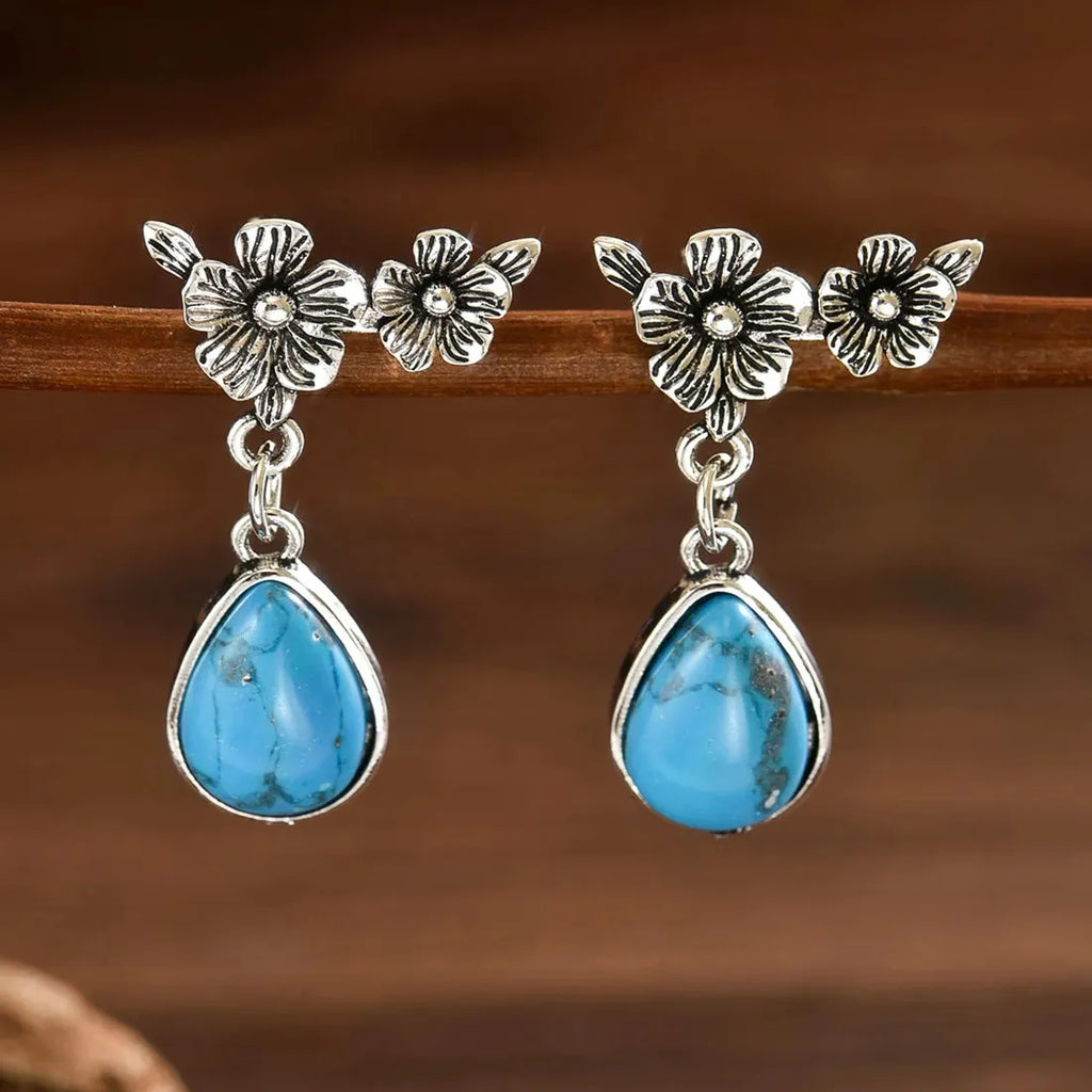 Vintage Floral Asymmetrical Long Drop Earrings Blue Stone Metal Necklace Set