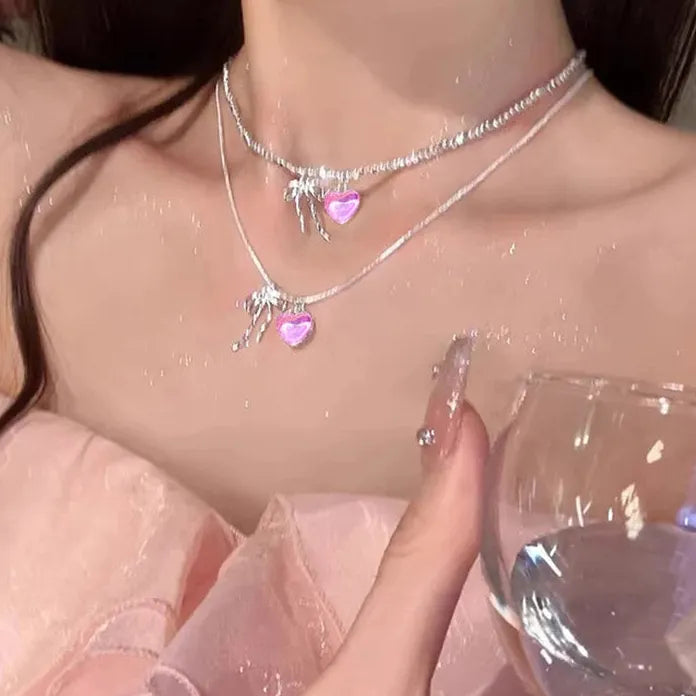 Y2K Pink Zircon Bowknot Necklace & Bracelet Set for Women Zinc Alloy