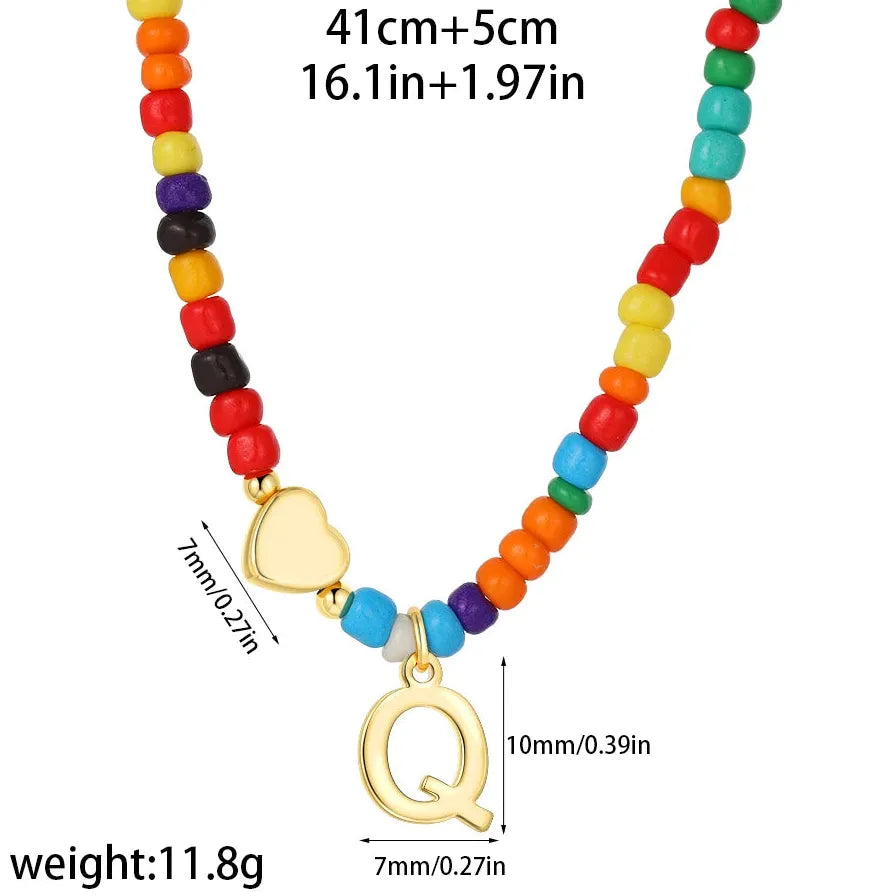 18k Gold Plated Alphabet Letter Pendant Necklace Beads Mini Heart Choker Women
