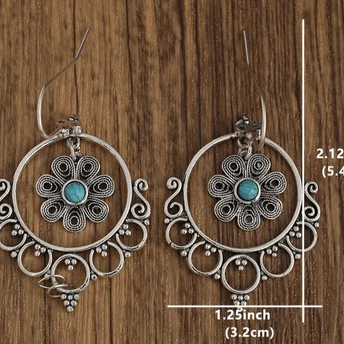 Vintage Blue Flower Hollow Drop Earrings Zinc Alloy Silver Plated Bohemian Gift