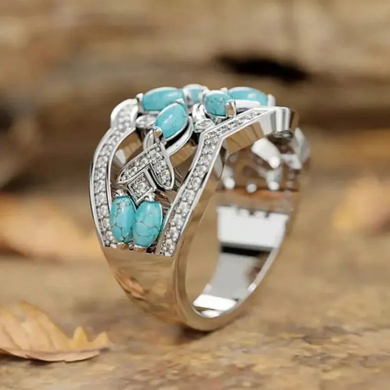 Silver Vintage Copper Ring Floral Pattern Inlaid Imitation Turquoise Women Gift