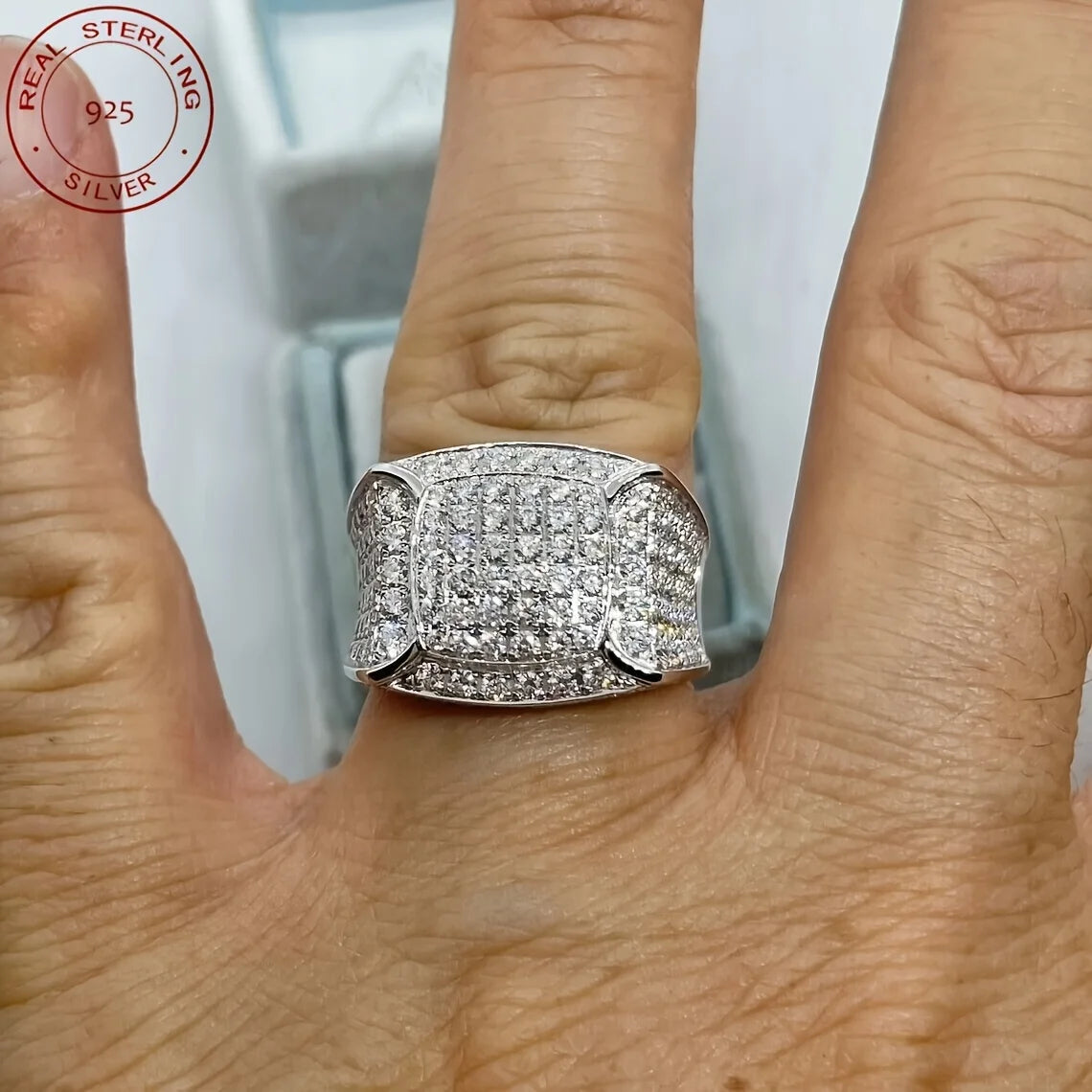 2025 Luxury 925 Sterling Silver Iced Out Square Men’s Hip Hop Wedding Band Ring