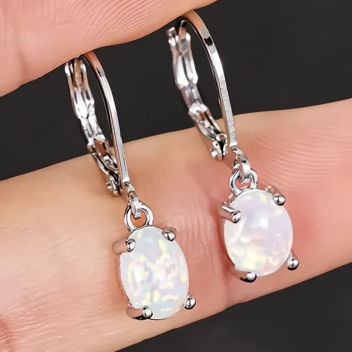 Elegant Minimalist Oval Opal Drop Earrings for Women, Geometric Design