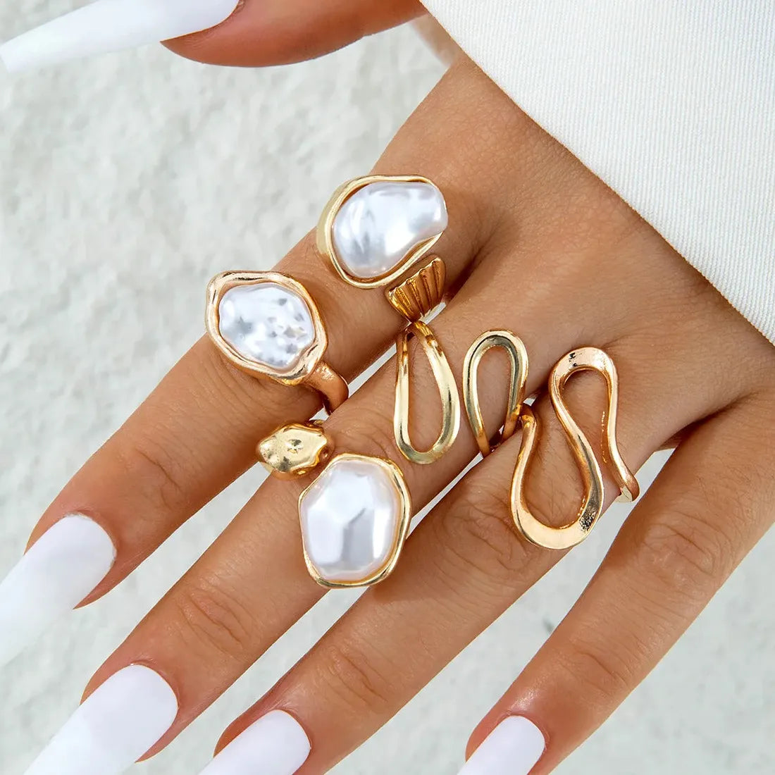 5Pcs Retro Baroque Pearl Asymmetric Geometric Gold Rings Set for Women Jewelry