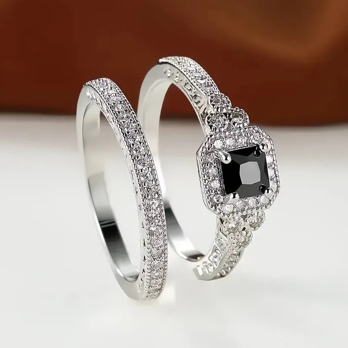 Princess White Black 2Pcs Luxury Cubic Zirconia Brass Wedding Rings for Women