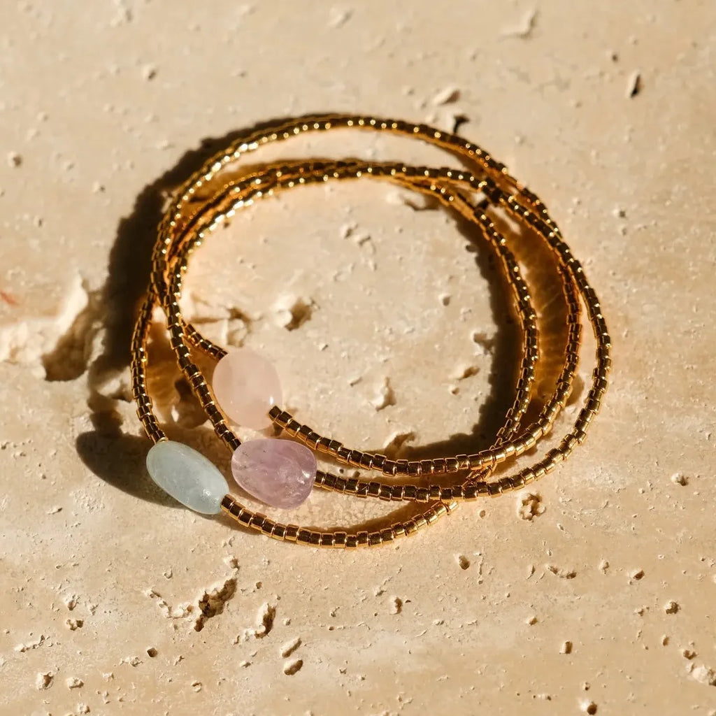 Natural Stone Amethyst Bead Bracelet 18K Gold Plated Geometric Charm Jewelry Gift Waterproof