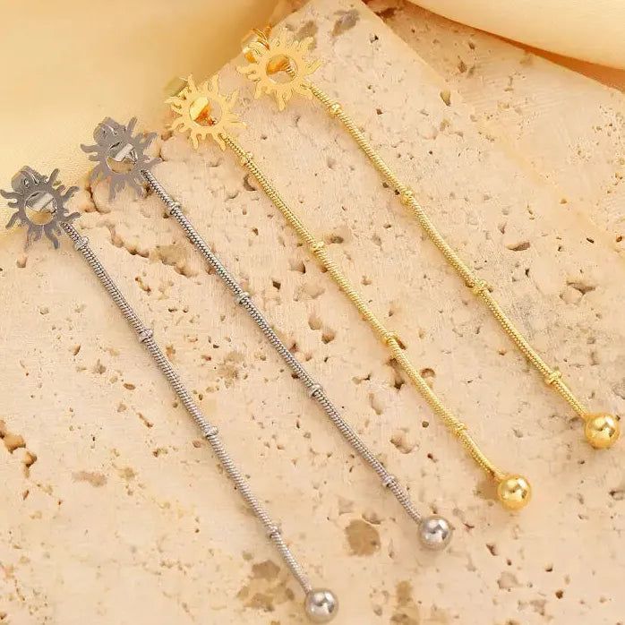 Retro Small Sunflower Copper Tassel Drop Earrings for Women Ethnic Jewelry