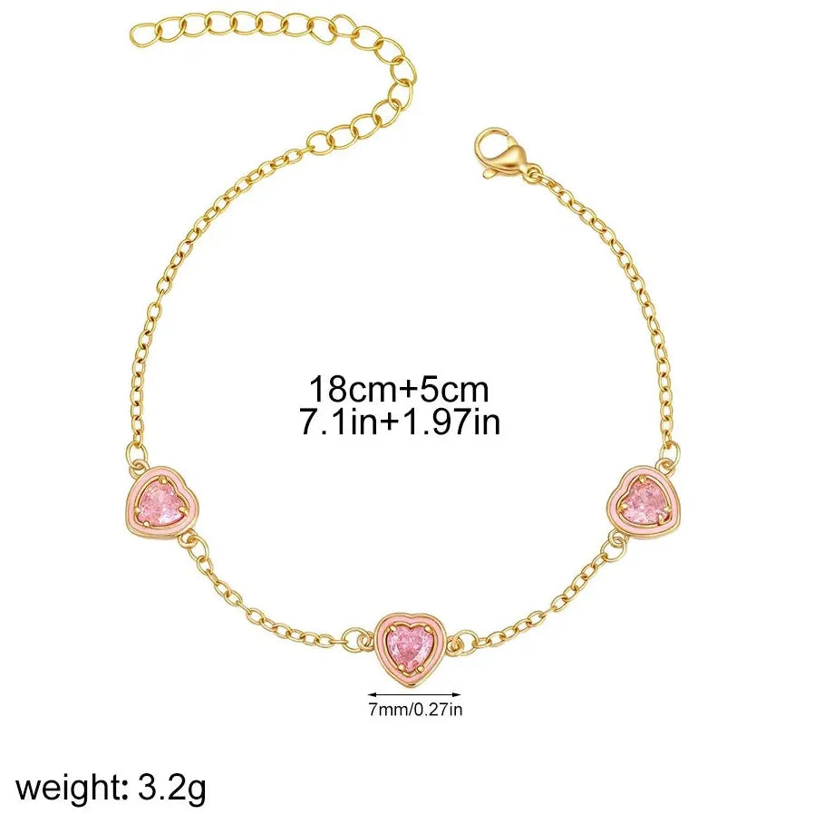 French Luxury Pink CZ Zircon Heart Bracelet PVD Stainless Steel Jewelry Gift