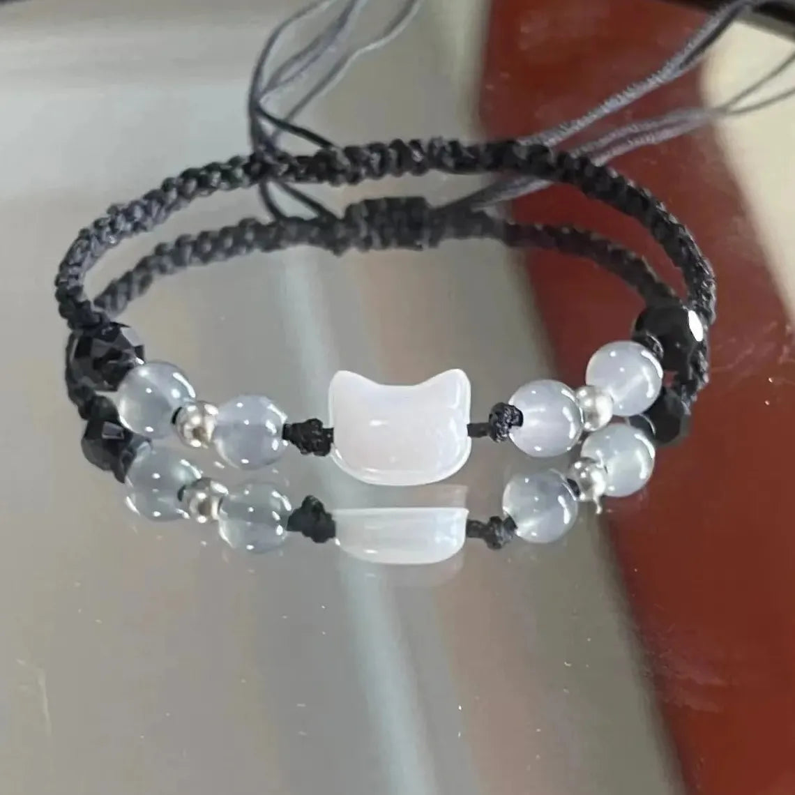 2Pcs Handmade Natural Moonstone Couple Bracelets Black White Cat Jewelry Gift