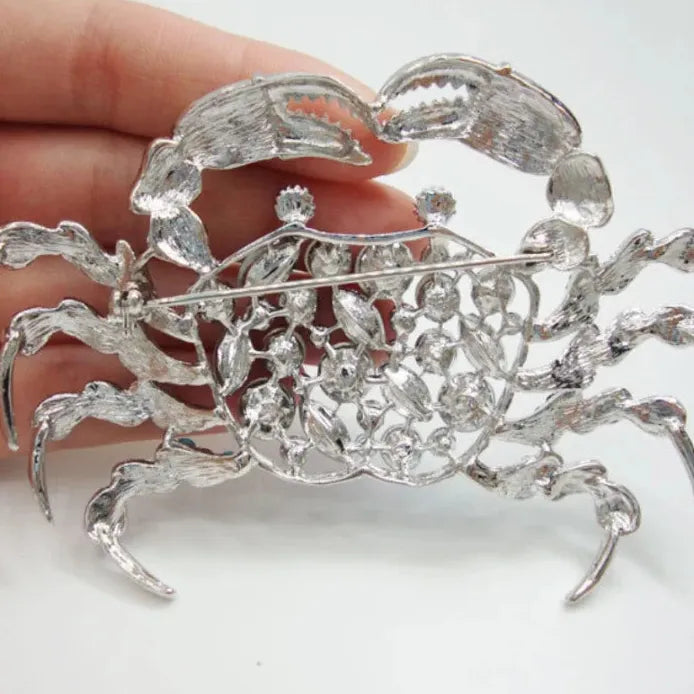 Silver-Tone Crab Brooch Pin with Blue Rhinestone for Women