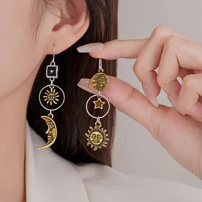 Vintage Asymmetric Sun Moon Tassel Dangle Earrings for Women Stylish Jewelry