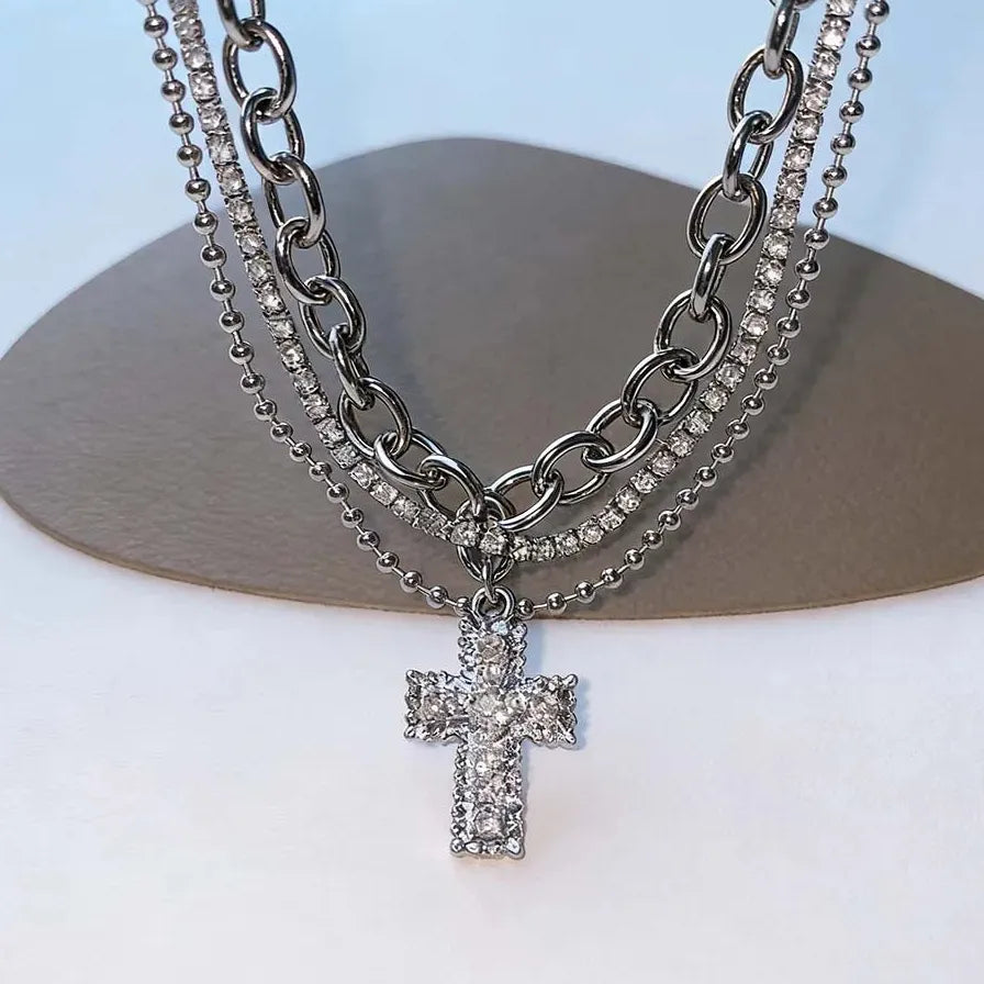Punk Zircon Cross Pendant Necklace Gothic Jewelry for Men Women Stylish