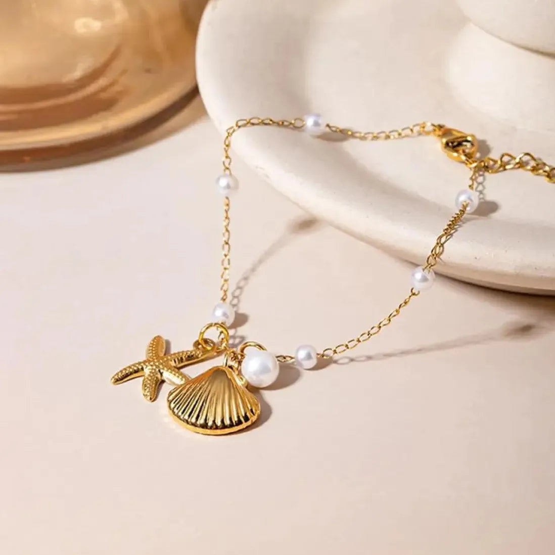 Stainless Steel Pearl Starfish Chain Bracelet Bangle for Women Ocean Jewelry