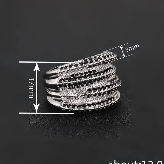 Hiphop Women’s Cocktail Ring Silver Color Brass Black Sparkling Cubic Zirconia Party Jewelry