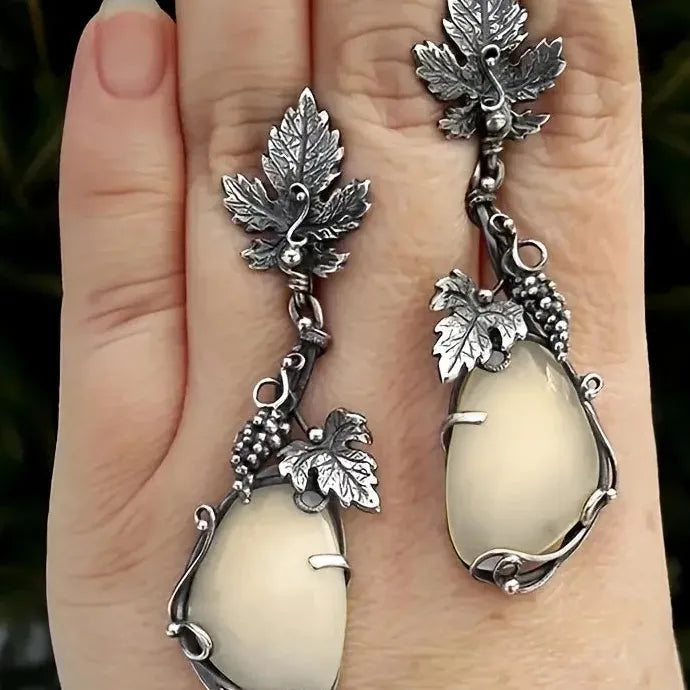 Vintage Silver Color Maple Leaf Dangle Earrings White Stone Water Droplets for Women
