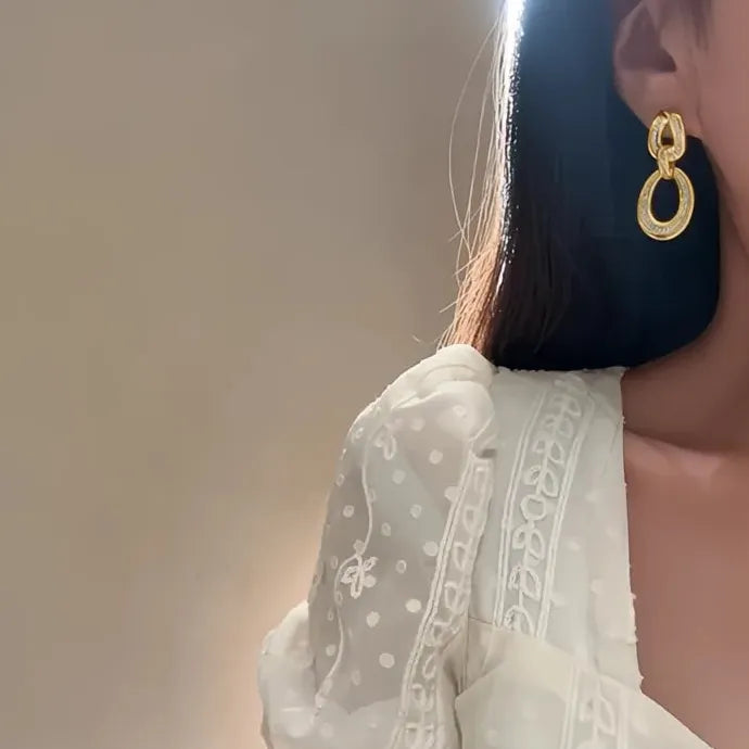 Gold Color CZ Circle Linked Geometric Drop Earrings for Women Wedding Party