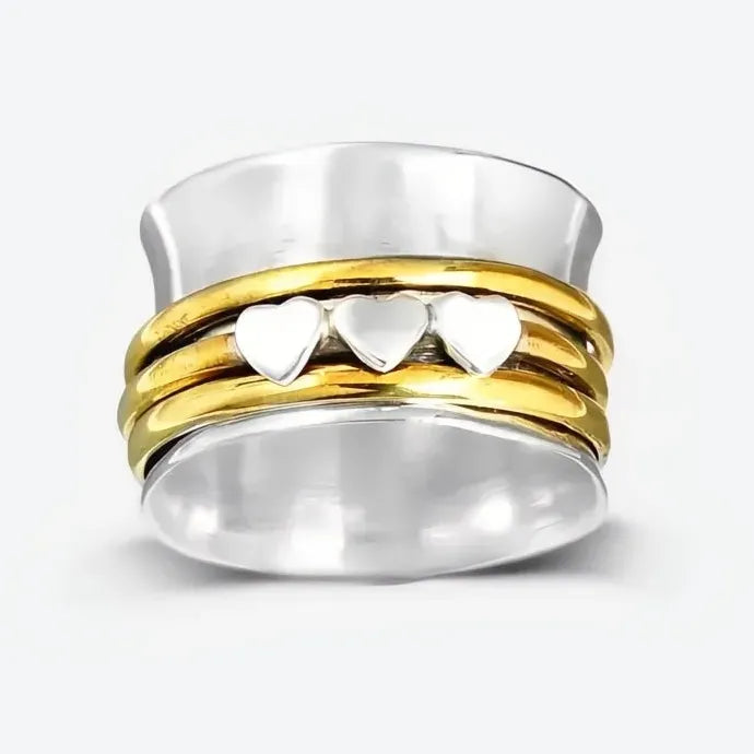 Hip Hop Zinc Alloy Two Tone Wide Ring with 3 Hearts for Women Party Jewelry