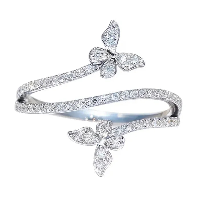 Delicate Silver Butterfly Brass Ring with Cubic Zirconia for Women Wedding Party Jewelry